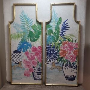 Chinoiserie Floral Palm Leopard Wall Panel Art Set with Gold Bamboo Frames